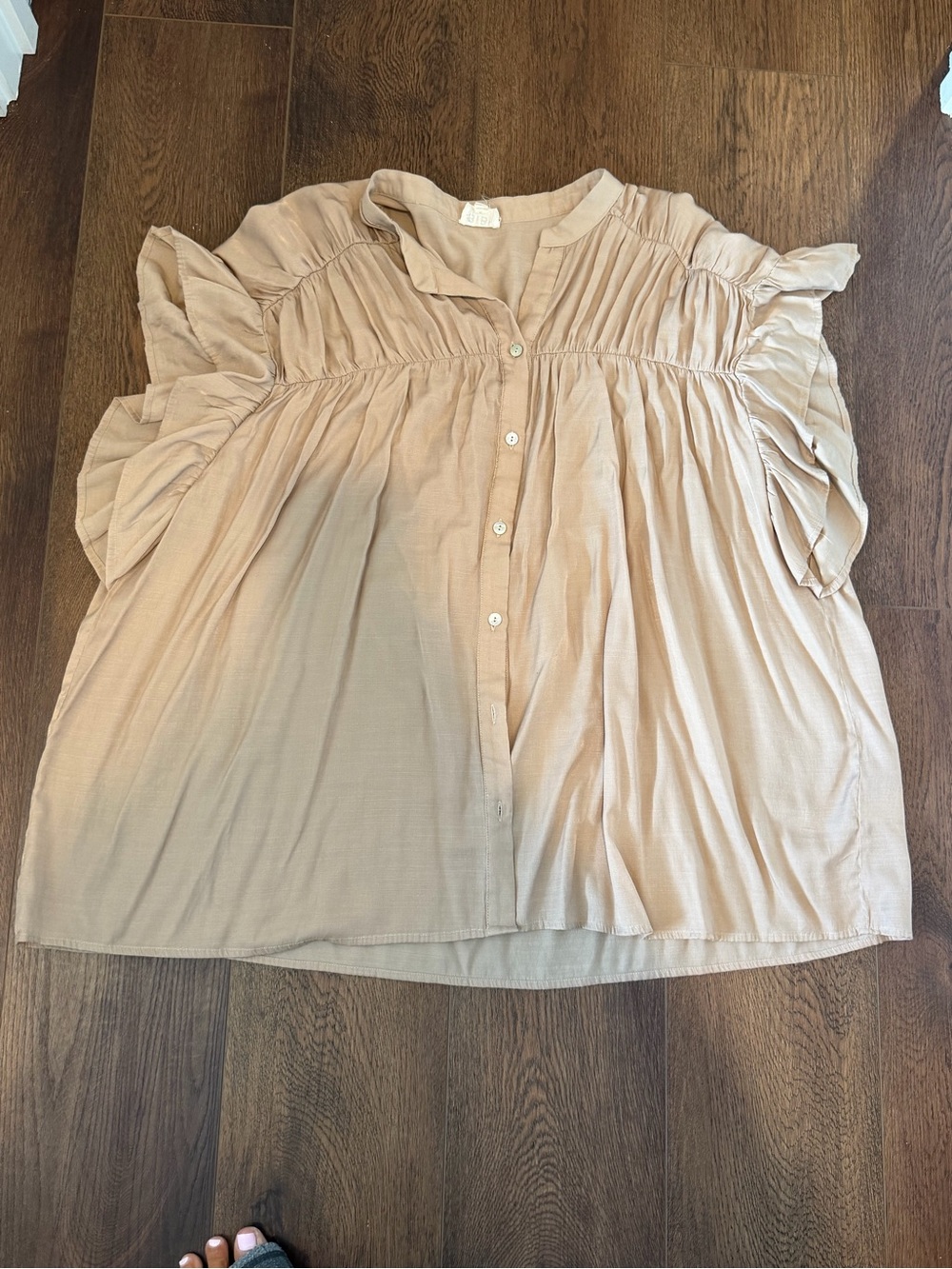 BiBi Beige Ruffle-Sleeve Button Front Blouse - Picture 2 of 4